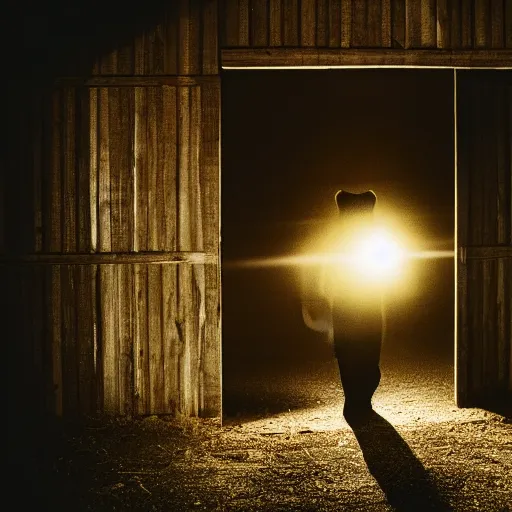 Image similar to dark photograph of a small bear character with a spotlight focused on him walking through a large wooden doorway