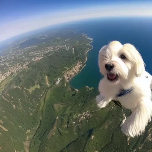 Prompt: a cream-colored havanese paragliding, gopro photo, 4k