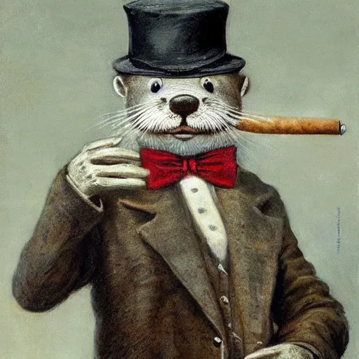 Prompt: anthropomorphic otter wearing a hat, a suit and a monocle, smoking a cigar, oil painting by jan matejko