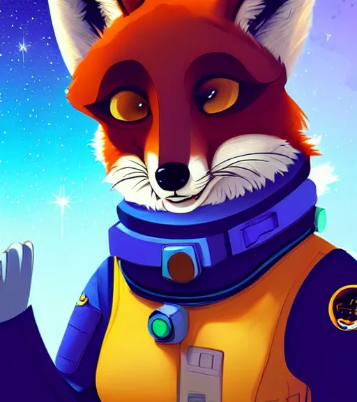 Image similar to digital detailed art of furry female fox, in style of zootopia, fursona, furry, furaffinity, deviantart, wearing astronaut outfit, floating in space, space background, hyena fursona, cyberpunk, detailed face, style of artgerm,