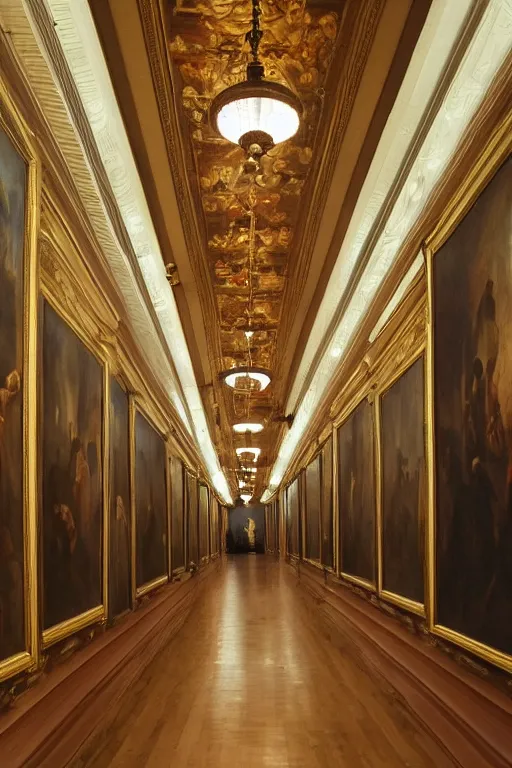 Prompt: endless corridor, museum, detailed paintings on walls, framed classic paintings, spot lights, reflections in wooden floor