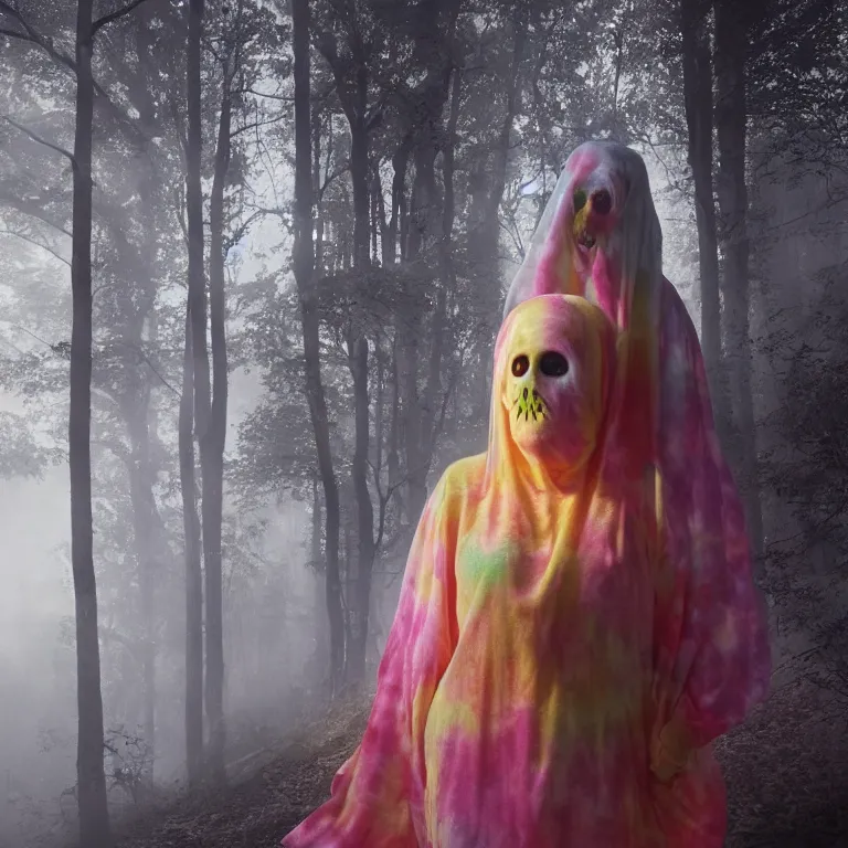 Image similar to octane render portrait by wayne barlow and carlo crivelli and glenn fabry, a woman wearing a skintight tie - dye bedsheet ghost costume, backlit, dramatic lighting, fog and mist, night time forest, light rays, cinema 4 d, ray traced lighting, very short depth of field, bokeh