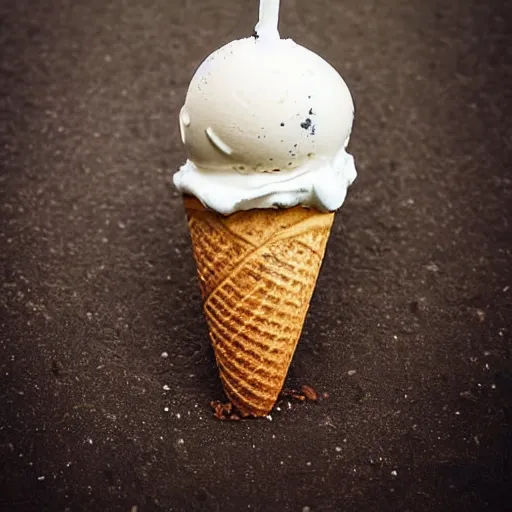 Image similar to a detailed photograph of a levitating ice cream cone that looks like a rotten tooth