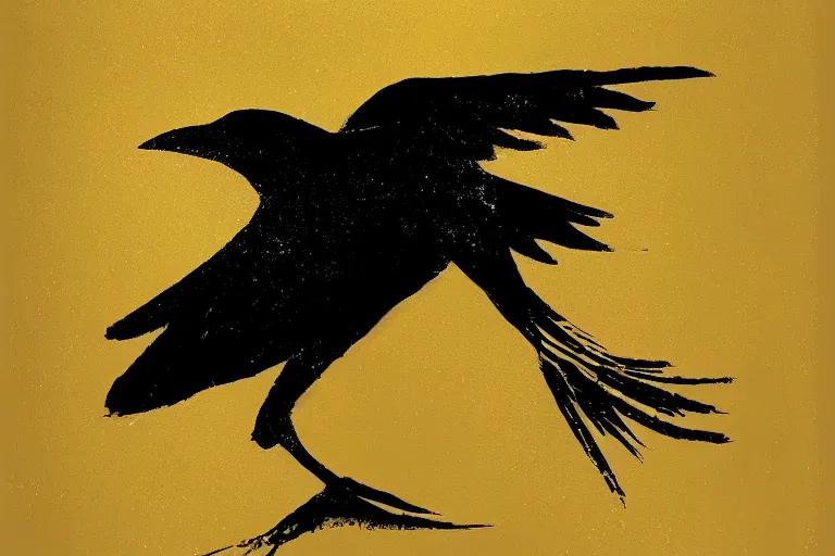 Prompt: beautiful serene crow, healing through motion, minimalistic golden ink aribrush painting on white background
