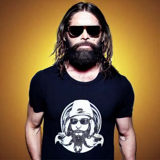 Prompt: photo of 3 9 - year - old french bearded long - haired yoga punk singer wearing wraparound sunglasses. he also works as a commercial model and actor. looks like brad pitt. performing standup comedy on a smoky stage in wheaton, il. vaporwave.