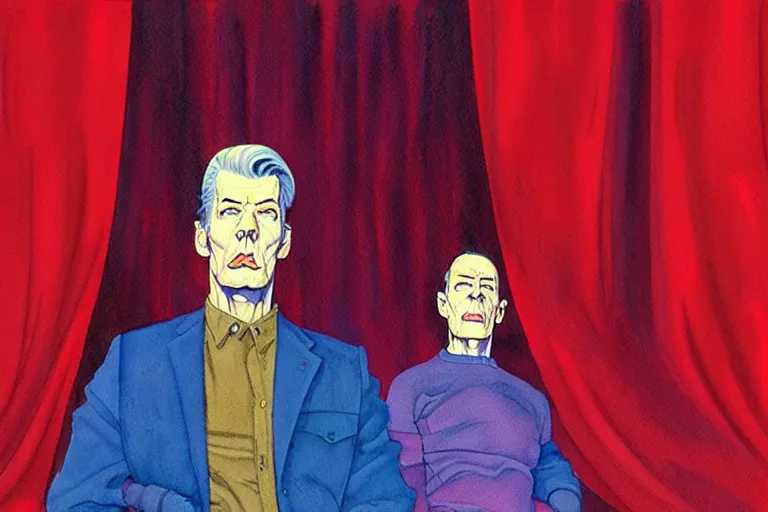 Image similar to a hyperrealist watercolour character concept art portrait of twin peaks. red curtain. on well lit night in the las vegas. there is a motorcycle. a ufo is in the background. by rebecca guay, michael kaluta, charles vess and jean moebius giraud