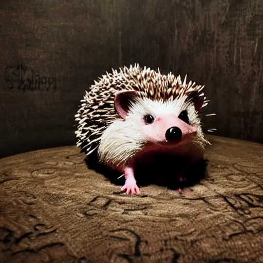 Image similar to hedgehog in creepy scary nightmare atmosphere, realsitic