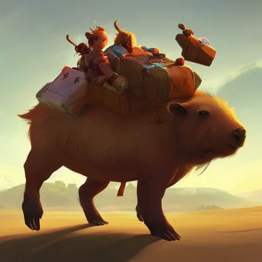 Prompt: Dwarf Riding a giant capybara carrying trinkets, camera underneath, art by World of Warcraft Art Direction and Sergey Kolesov, art station, concept art,