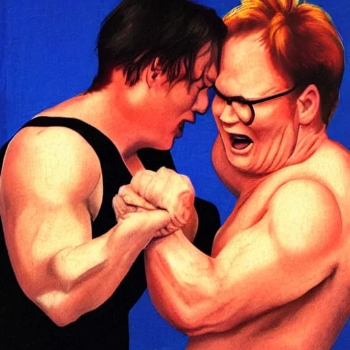 Prompt: conan o'brien and andy richter wrestling, by michaelangelo