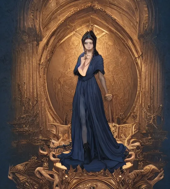 Image similar to god of death, in the underworld, elegant dark blue dress, very detailed, throne, very intricate details, jewelry, delicate tattoos, elaborate long hairstyle, cinematic, artstation, william bouguereau, greg rutkowski, rossdraws, octane render