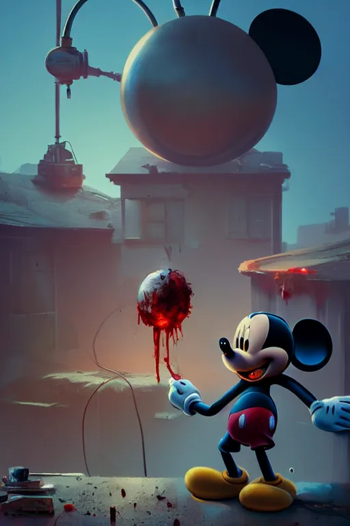 Prompt: mechanics working and repairing mickey mouse bloody head, made by beeple, greg rutkowski, unreal engine, octane render, highly detailed 4 k art, smooth, sharp focus, cinematic lighting, volumetric lighting, artstation,