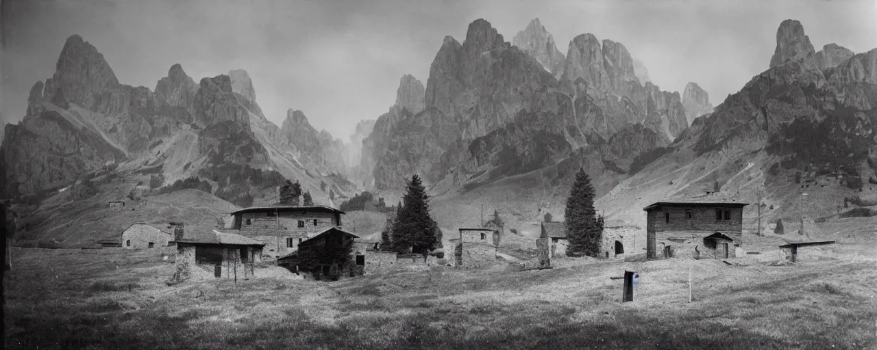 Image similar to 1920s photography of an isolated old village with ghostly wood buildings in the dolomites inhabitated by hay ghosts