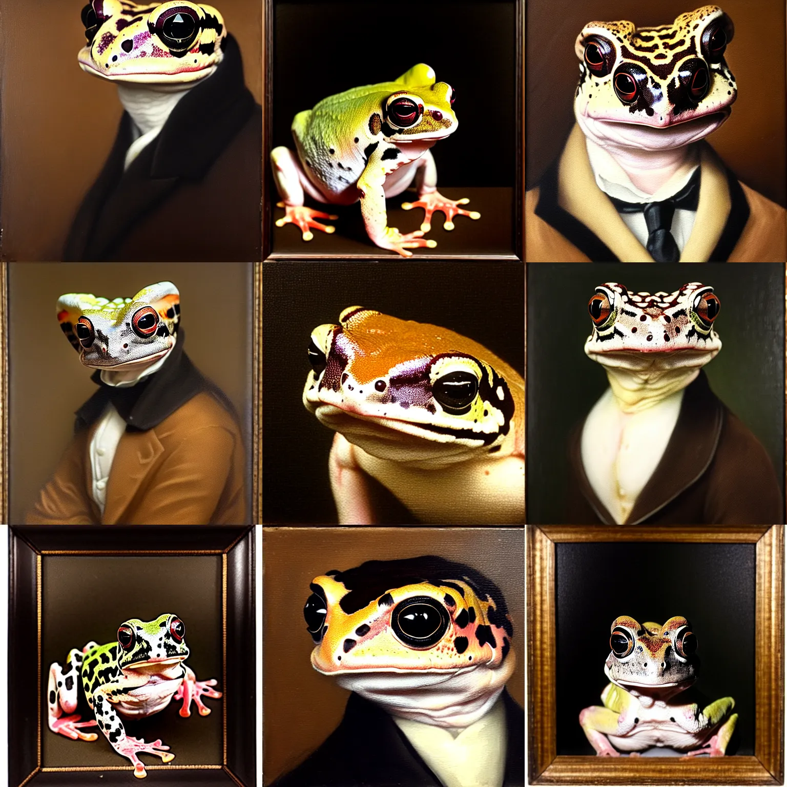 Prompt: a head - and - shoulders portrait of an amazon milk frog looking off camera wearing a black buttoned coat with a tan vest and white ascot, an american romanticism painting, a portrait painting, cgsociety, soft focus, oil on canvas