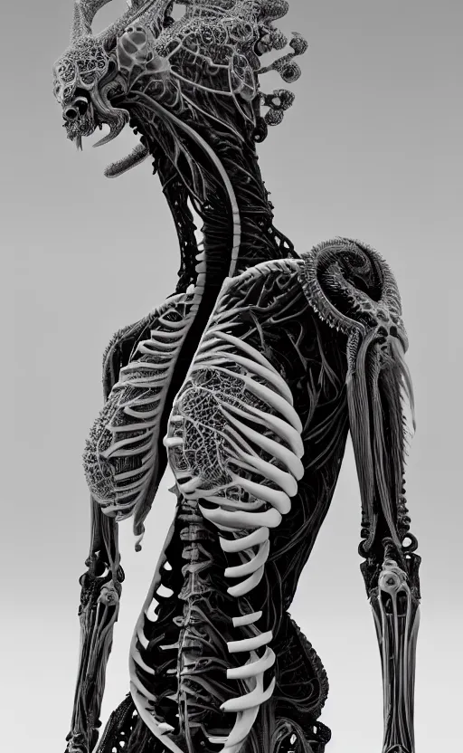 Prompt: a black and white 3D render of a full figure young female angelic-dragon-cyborg with a very long neck, Mandelbrot fractal, anatomical, flesh, facial muscles, veins, arteries, full frame, microscopic, elegant, highly detailed, flesh ornate, elegant, high fashion, rim light, 150 mm lens, octane render in the style of H.R. Giger and Man Ray, Realistic, Refined, Digital Art, Highly Detailed, Cinematic Lighting, rim light, photo-realistic Unreal Engine, 8K