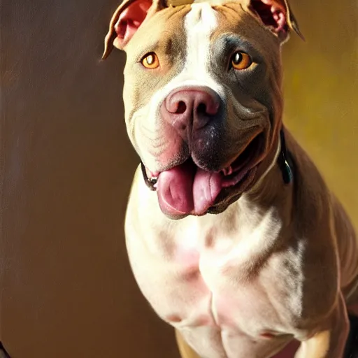 Image similar to a portrait of a female pit bull wearing a sweater and smiling at the viewer. highly detailed painting by gaston bussiere, craig mullins, j. c. leyendecker 8 k