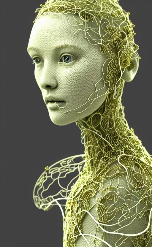 Prompt: ultra detailed complex 3d render of a beautiful porcelain profile woman face, hazel eyes, vegetal dragon cyborg, 150 mm, beautiful natural soft light, rim light, silver gold metallic details, magnolia soft lime green big leaves and stems, moss, roots, fine lace, maze like, mandelbot fractal, anatomical, facial muscles, cable wires, microchip, elegant, white metallic armour, octane render, black and white, H.R. Giger style