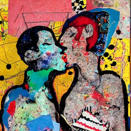 Prompt: two women kissing at a carnival on an alien planet, mixed media collage, retro, paper collage, magazine collage, acrylic paint splatters, bauhaus, abstract claymation, layered paper art, sapphic visual poetry expressing the utmost of desires by jackson pollock