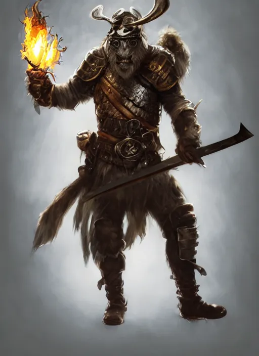 Image similar to photorealistic bugbear ranger holding sword on fire, magic, black beard, dungeons and dragons, pathfinder, roleplaying game art, hunters gear, jeweled ornate leather and steel armour, concept art, character design on white background, by sargent, norman rockwell, makoto shinkai, kim jung giu, artstation trending, poster art, colours red