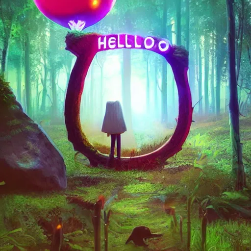 Image similar to 'Hello World' sign in a fairy forest, by Beeple, RHADS, and Greg Rutkowski, trending on artstation, unreal engine, 4k, high quality render, digital art