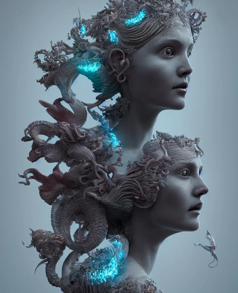 Image similar to goddess sculpture close-up portrait. orchid bird phoenix head, nautilus, skull, betta fish, bioluminiscent creatures, intricate artwork by Tooth Wu and wlop and beeple. octane render, trending on artstation, greg rutkowski very coherent symmetrical artwork. cinematic, hyper realism, high detail, octane render, 8k