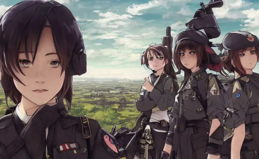 Image similar to panoramic view, girl, soldier clothing, battlefield in background, anime style, short hair, hair down, real faces, realistic anatomy, symmetrical facial features, from arknights, hyper realistic, 4 k, extreme detail, detailed drawing, trending artstation, safebooru, realistic lighting, by alphonse mucha, greg rutkowski, anime eyes, sharp focus