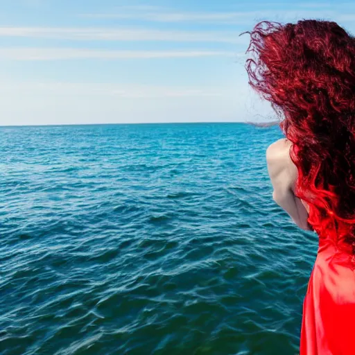 Prompt: woman with waving long hair, satin red dress, walking up to her waist in the ocean, back view, first person view