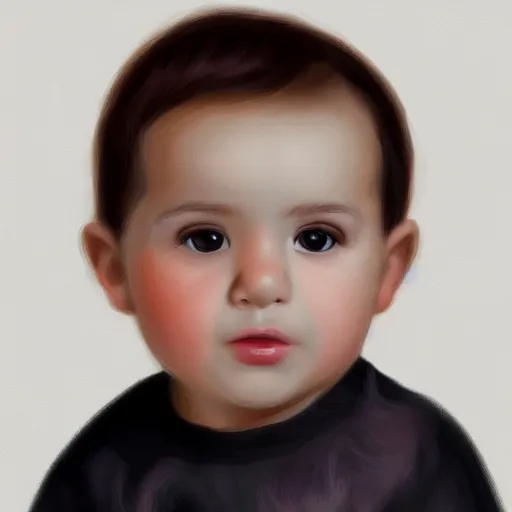 Prompt: a digital portrait of a 1 year old with black hair,hazel green eyes, drawn in the style of mark Arian