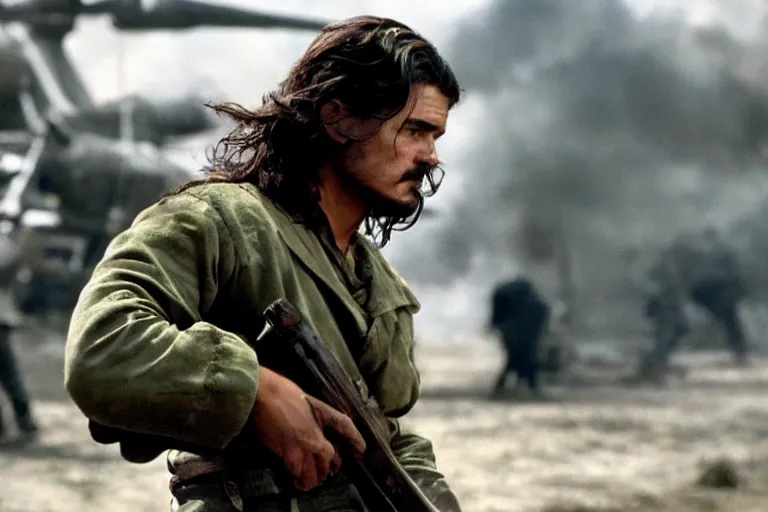 Image similar to Orlando Bloom as Che Guevara in 'Guevara' (2008), movie still frame, promotional image, imax 70 mm footage, oscar nominated cinematography, volumetric lighting, 8k resolution