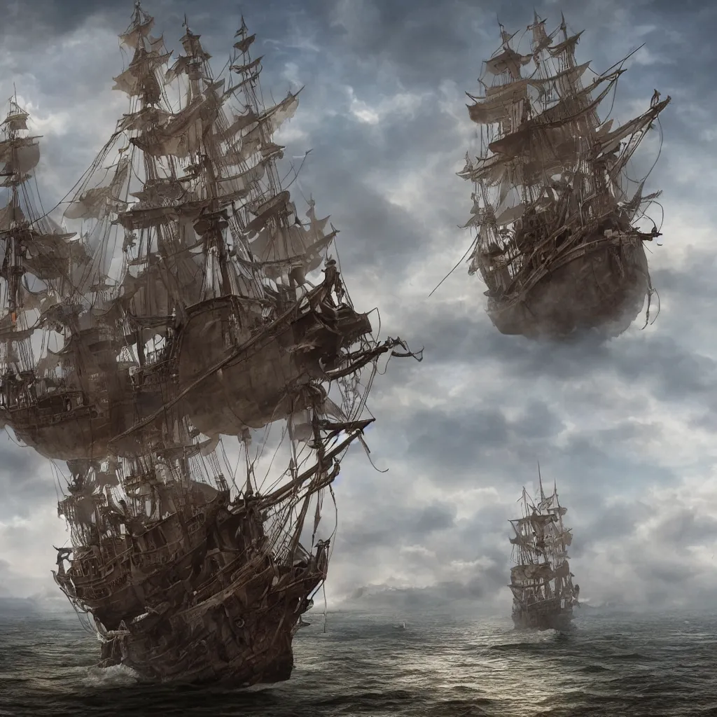 Prompt: a single highly detailed 4 k fantasy matte painting of. historically accurate. 3 d model of pirate ship. in the sky