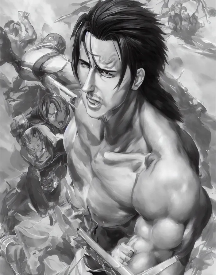 Image similar to anime portrait of nicolas cage as a muscular anime boy by Stanley Artgerm Lau, WLOP, Rossdraws, James Jean, Andrei Riabovitchev, Marc Simonetti, and Sakimichan, trending on artstation