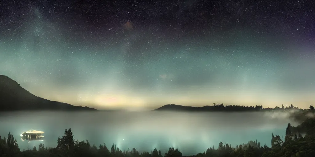 Image similar to a magic lake by night with fog mountains in the background and the milkyway in the sky by studio ghibli and hayao miyazaki and kazuo oga