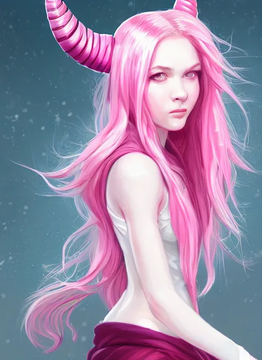 Prompt: a highly detailed illustration of cute smug pink haired pale girl with horns wearing pink hoodie, dramatic smirk pose, intricate, elegant, highly detailed, centered, digital painting, artstation, concept art, smooth, sharp focus, league of legends concept art, wlop.