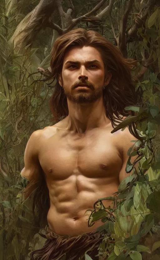 Image similar to God of the forest, male, shoulder-length hair, gorgeous, amazing, muscular, intricate, highly detailed, digital painting, artstation, concept art, sharp focus, illustration, art by greg rutkowski and alphonse mucha