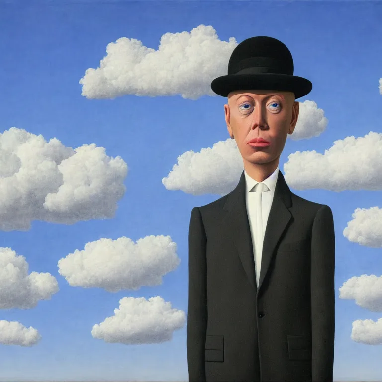 Image similar to portrait of a faceless chrome - head man in a suit, clouds in the background, by rene magritte, detailed painting, distance, centered, hd, hq, high resolution, high detail, 4 k, 8 k