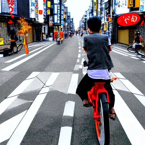 Prompt: a digital painting of a real dragon is riding a bike in the streets of Tokyo