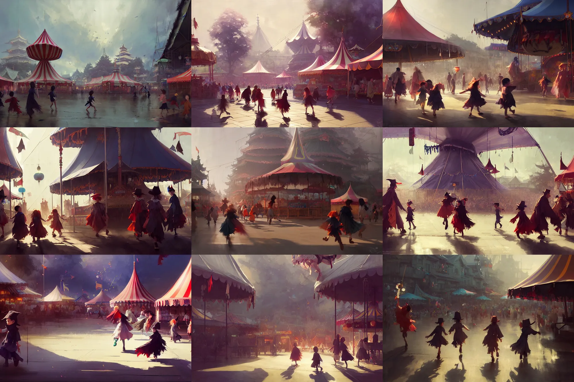 Prompt: young witches running around exploring small town carnival amusement, food stalls, big top circus tent, highly detailed, magicical, japan, digital painting, concept art, matte, art by ruan jia and wlop and greg rutkowski and makoto shinkai, masterpiece
