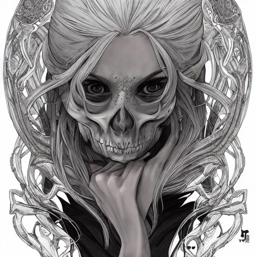 Image similar to anime manga skull profile young woman skeleton, elf, lotr, galadriel, Tolkien, unreal engine, intricate, elegant, highly detailed, digital art, art by JC Leyendecker and sachin teng