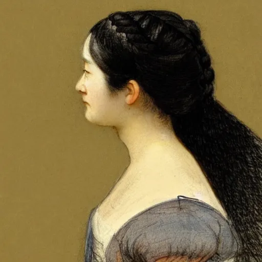 Prompt: a profile of a sadly smiling black haired, young hungarian woman from the 19th century who looks very similar to Lee Young Ae with a hair braid, detailed, sketch by Rembrandt and da Vinci