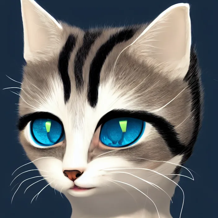 Prompt: cute cat of cheshire an adorable cat with black and blue stripes, big eyes and a big playful smile. award - winning digital art, trending on artstation