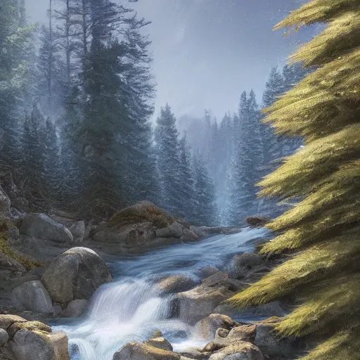 Prompt: mountain valley dotted with pine trees with a stream flowing through it, by joar jakobsson, detailed digital painting, concept art, brushstrokes, elegant, calming, serene, 8 k