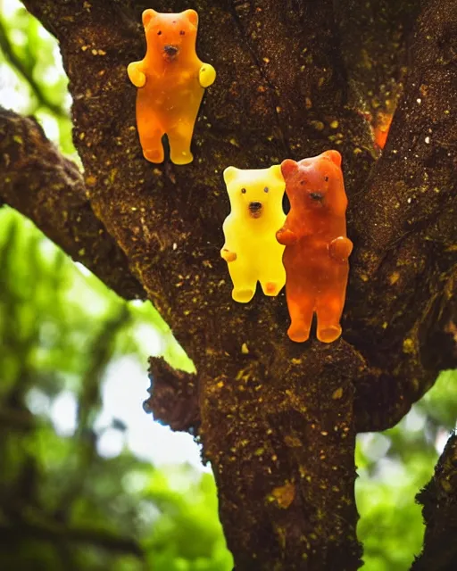 Image similar to national geographic photo of wild gummy bears, wildlife photography, 4 k photo, dynamic lighting