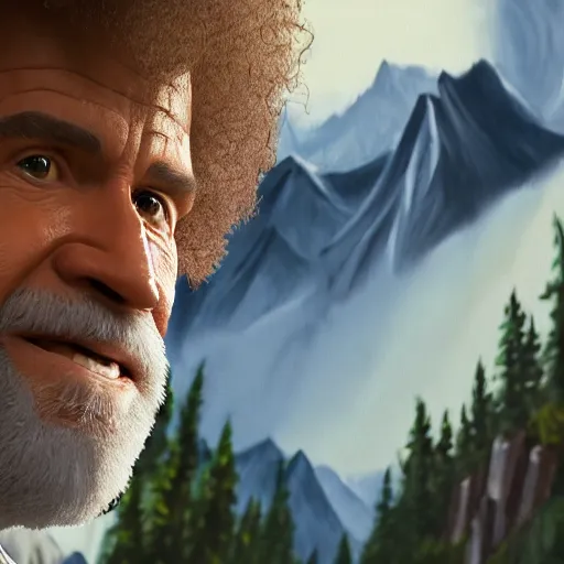 Image similar to a closeup photorealistic photograph of bob ross working on a canvas painting of deadpool. film still. brightly lit scene. mountains and trees. this 4 k hd image is trending on artstation, featured on behance, well - rendered, extra crisp, features intricate detail, epic composition and the style of unreal engine.