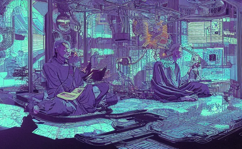 Image similar to zen meditator, happiness, screens, cinema, cinematic, eeg nodes on scalp, highly detailed masterpiece illustration by moebius, incredible piece of art, lasers and lights and ideas zapping through the air, incredible cyberpunk background