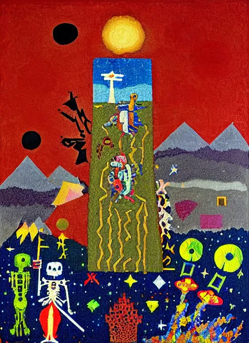 Image similar to pixel decollage painting tarot lovers card composition tower of babel road red armor maggot bear and wonky alien frog skeleton knight on a horse in a dark red cloudy night sky with golden foil jewish stars and diamonds, mountain lake and blossoming field in background, painted by Mark Rothko, Helen Frankenthaler, Danny Fox and Hilma af Klint, pixelated, neo expressionism, semi naive, pastel colors, cinematic, color field painting, cave painting, voxel, pop art look, outsider art, minimalistic. Bill Traylor painting, part by Philip Guston, Amano and Francis Bacon. art by Adrian Ghenie and Storm Thorgerson, very coherent symmetrical artwork, cinematic, hyper realism, high detail, octane render, unreal engine, Smooth gradients, depth of field, full body character drawing, extremely detailed, 8k, extreme detail, intricate detail, masterpiece