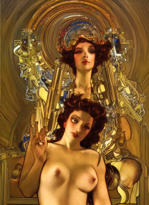 Image similar to Robotic beautiful Priestess posing in front of an altar by Hajime Sorayama and Henry Fuseli, alphonse mucha , dramatic lighting