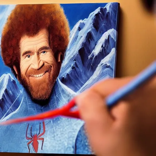 Image similar to a closeup photorealistic photograph of bob ross working on a canvas painting of spiderman. film still. brightly lit scene. mountains and trees. this 4 k hd image is trending on artstation, featured on behance, well - rendered, extra crisp, features intricate detail, epic composition and the style of unreal engine.