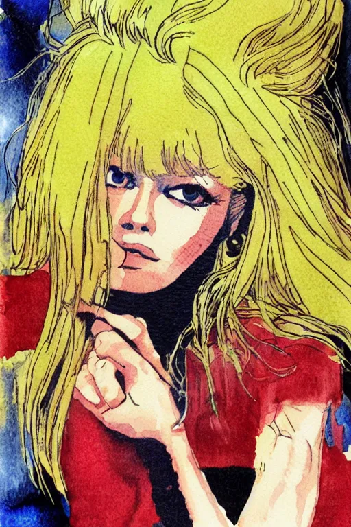 Prompt: Brigitte Bardot by Otomo Katsuhiro, character art, watercolour