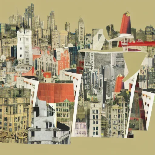 Prompt: collage style Joseba Elorza, Journalic paper texture buildings, papercut, pop-art