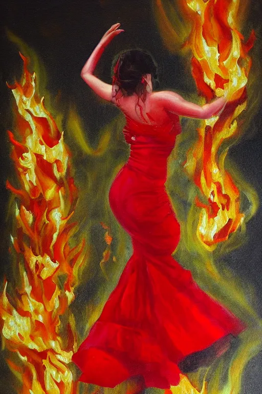 Image similar to oil painting of spanish flamenco dancer wearing a red dress made of flowers engulfed in flames, she's standing waist deep in water, dimly lit, looking away, dark shadows, ethereal, foggy, moody, surreal