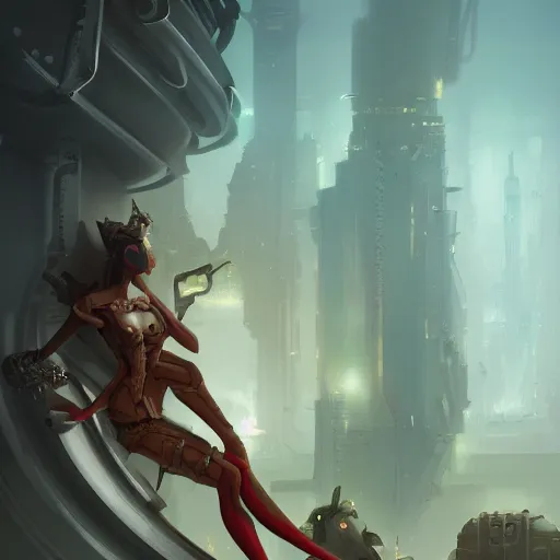 Image similar to by peter mohrbacher, beautiful composition, rule of thirds, full body, normal legs, group of people standing in cargo hold, entire bodies, with extremely large and intricate haircut with angry red eyes and slim features, eye cyberpunk bionics, elegant intricate baroque jewellery, highly detailed, digital painting, artstation, concept art, smooth, sharp focus, illustration,